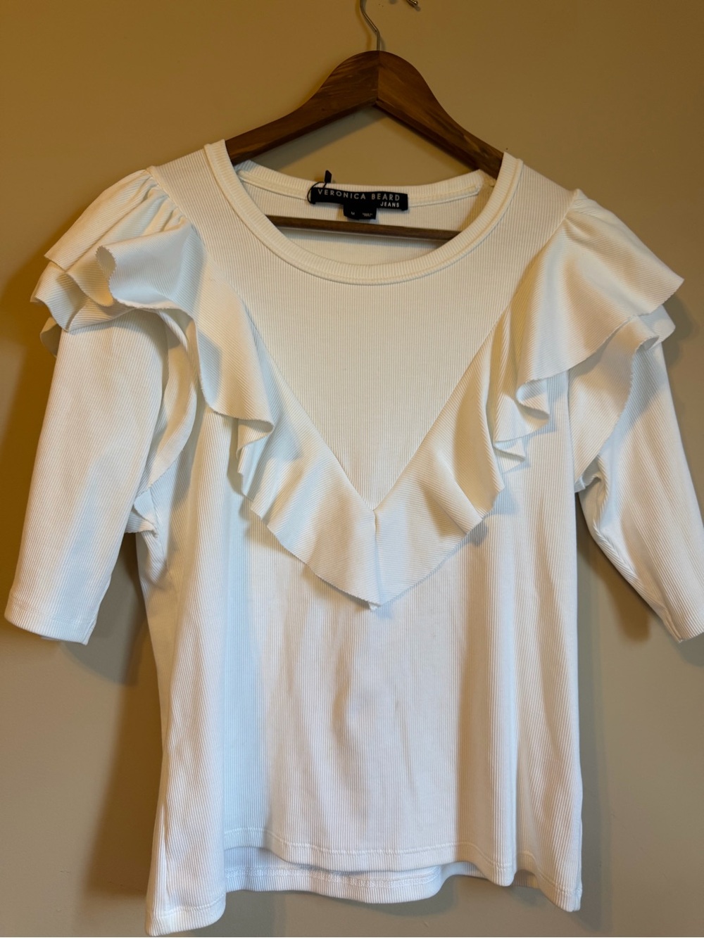 Veronica Beard Cream Short-Sleeve Ruffle Front Top